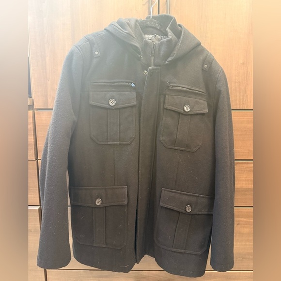 Guess Men's Black Wool Military Field Jacket Removable Hood XXL - Picture 1 of 8